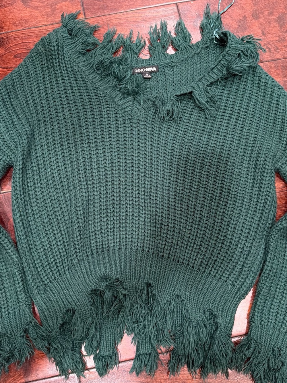 Fashion Nova Forest Green Frayed Waffle Knit Sweater
